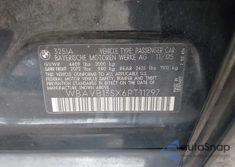 2006 BMW 325I z USA, uszkodzony, nr VIN WBAVB135X6PT11297